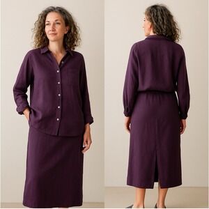 Jean Jones 100%‎ Linen Amethyst Button Shirt & Pull-On Midi Skirt Set Sz L Artsy